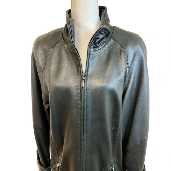 Vintage Y2K LIZ CLAIBORNE Black Leather Car Coat Jacket Zip Sz M Minimalist Goth - Picture 4 of 16